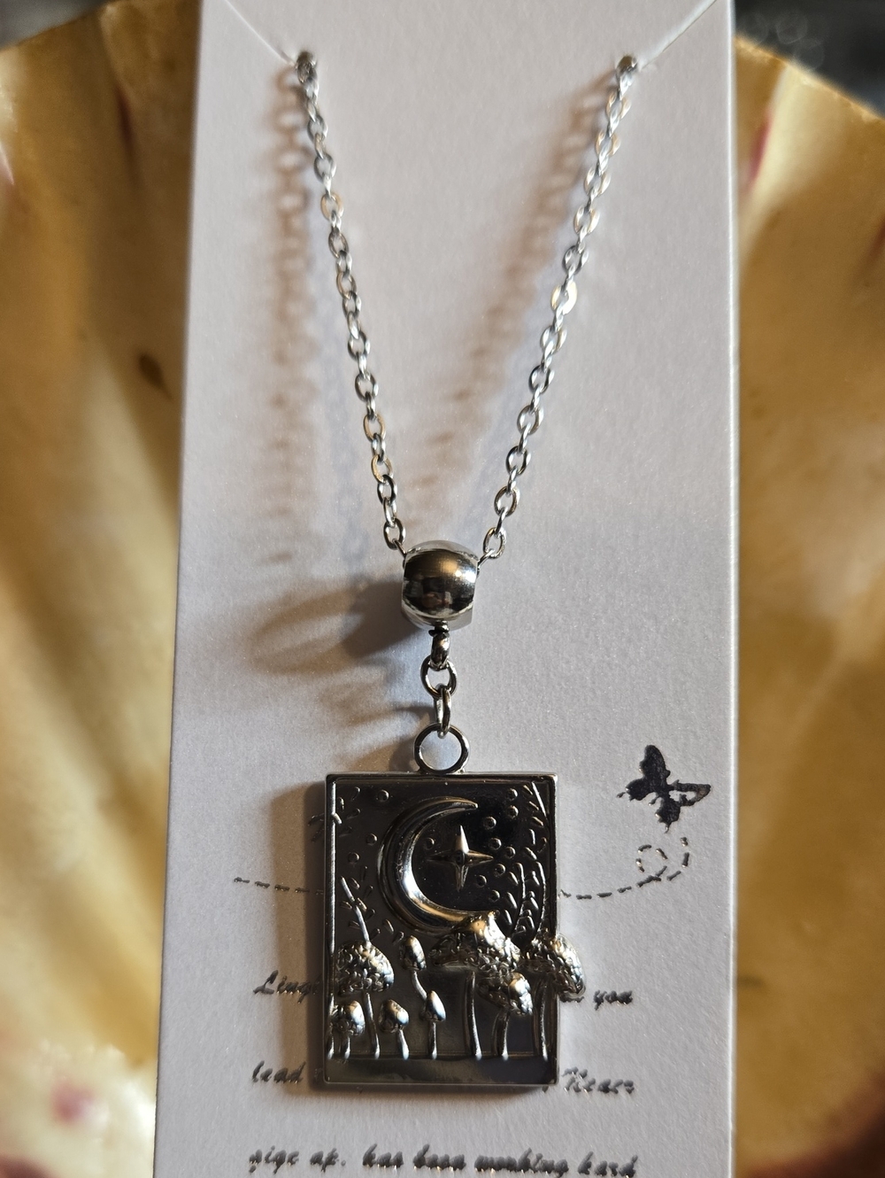 Silver-tone Stainless Steel Moon & Mushroom Pendant Necklace - Women Jewelry